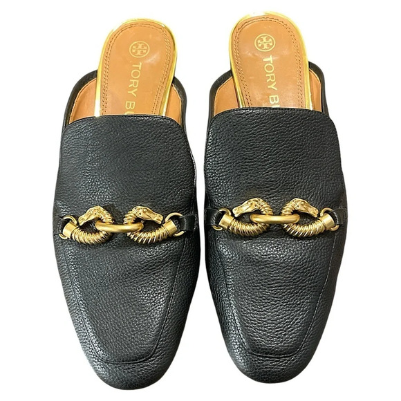 Tory Burch Shoes - Tory Burch Jessa Black Leather Slip on Mule Loafers Gold Embellished 10